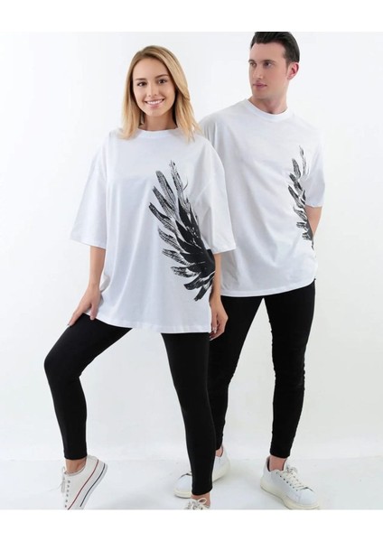 Kanat Baskılı Oversize Pamuklu Unisex T-Shirt(Adet Fiyattır) modelleri