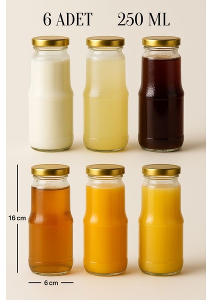 6 Adet 250 ml Şeffaf Sürahi Süt, Ayran, Su, Limonata, Meşrubat Şişesi Metal Kapaklı Cam Şişe