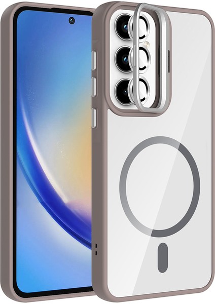 Samsung Galaxy A06 Kılıf Kamera Korumalı Magsafe Şeffaf Renkli Kenar Standlı + Lens Koruyucu