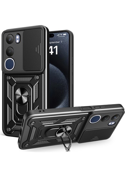 Vivo Y19S Kılıf Kamera Korumalı Sürgülü Yüzüklü Armor Zırhlı Mıknatıslı Standlı Kapak