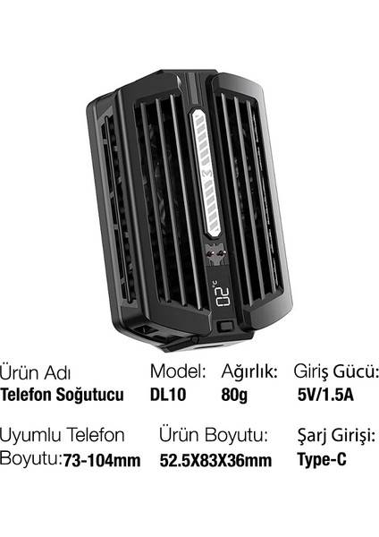 Memo DL10 Dijital Gösterge 2000MAH Powerbankli Telefon Soğutucu Fan RADYATÖR-(190 - LORCE6517-94 modelleri