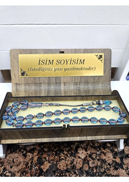Ateş Kehribar Tesbih , Yazılı Ahşap Kutu, Gümüş Kazaziye Püskül, 8X12MM Tespih, mavi , Ustaişi fiyatları