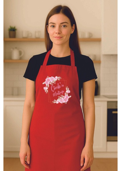 Kişiye Özel Pembe Çiçek Desenli Kırmızı Mutfak Önlüğü