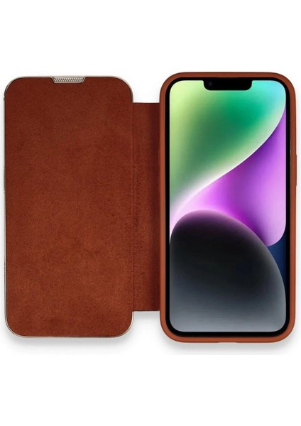 iPhone 14 Kılıf Dolpin Kapaklı - Kahverengi - LORCE7330-2734