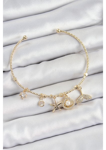 Pirinç Zirkon Taşlı Istiridye ve Deniz Yıldızı Model Gold Renk Charm Bileklik
