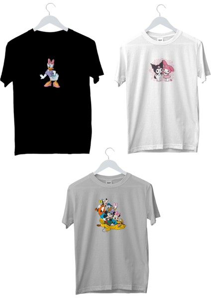 Üçlü Kaliteli Penye Kız Çocuk Baskılı Beyaz Siyah Gri Tshirt 5 6 7 8 9 10 11 12 13 14 Yaş