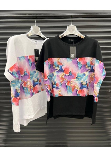Renkli Desenli Oversize Tişört – Beyaz & Siyah Seçenekli