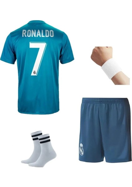 17/18 Sezon Ronaldo Real Madri'd Turkuaz Ş.ligi Futbol Çocuk Forması 4'lü Set