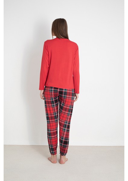 Kadın Kırmızı Uzun Kollu Pijama Takımı – Düğmeli Bisiklet Yaka, Paça Lastikli Ekose Alt indirimleri