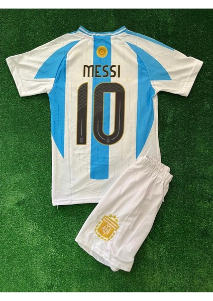 Arjantin Messi 10 Mavi Beyaz Çubuklu Çocuk Futbol Forma 2 Li Set . Forma+Şort