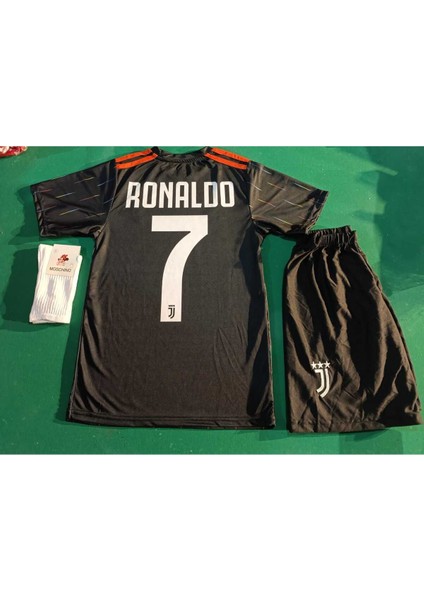 Juventus 2021/22 Sezonu Ronaldo 7 Siyah Çocuk Futbol Forma 3 Lü Set. Forma+Şort+Çorap