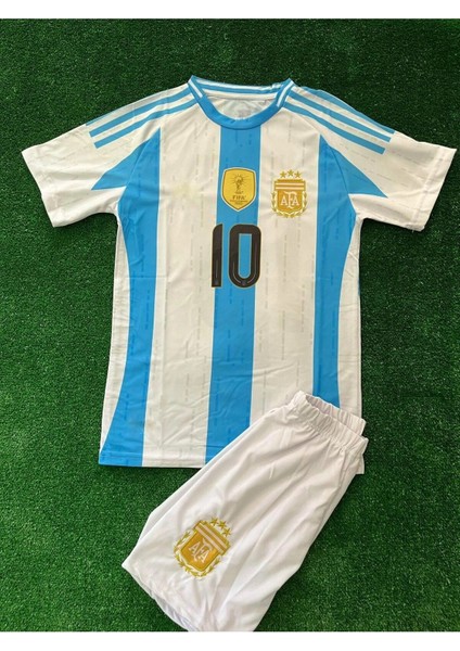 Arjantin Messi 10 Mavi Beyaz Çubuklu Çocuk Futbol Forma 2 Li Set . Forma+Şort fiyatları
