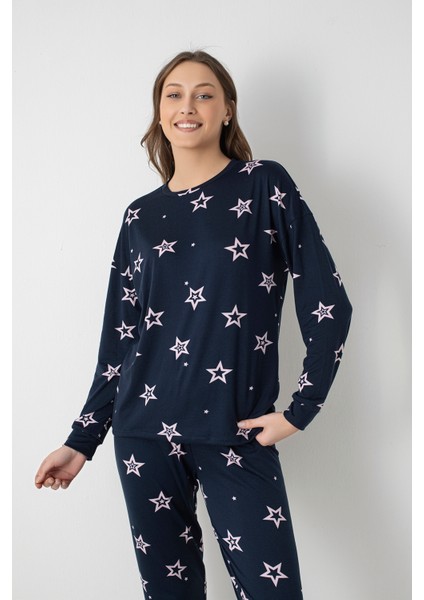 Kadın Lacivert Yıldız Desenli Pijama Takımı – Ribanalı Paça, Bisiklet Yaka