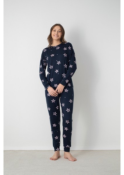 Kadın Lacivert Yıldız Desenli Pijama Takımı – Ribanalı Paça, Bisiklet Yaka fiyatları