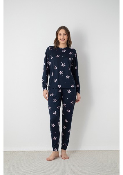 Kadın Lacivert Yıldız Desenli Pijama Takımı – Ribanalı Paça, Bisiklet Yaka modelleri