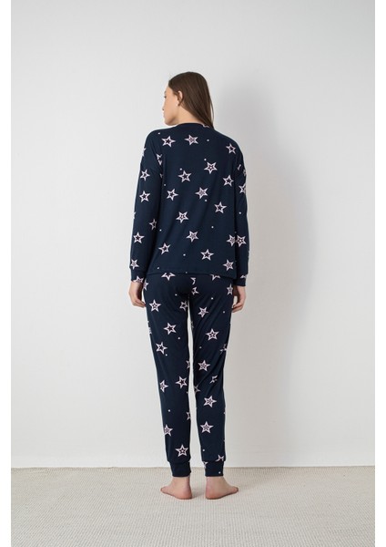 Kadın Lacivert Yıldız Desenli Pijama Takımı – Ribanalı Paça, Bisiklet Yaka fırsatları