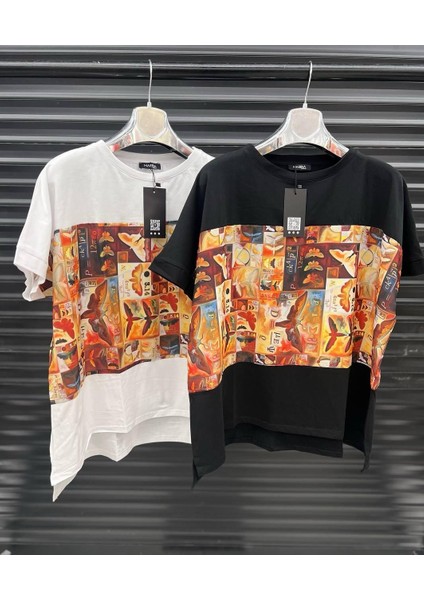 Renkli Desenli Oversize Tişört – Beyaz & Siyah Seçenekli