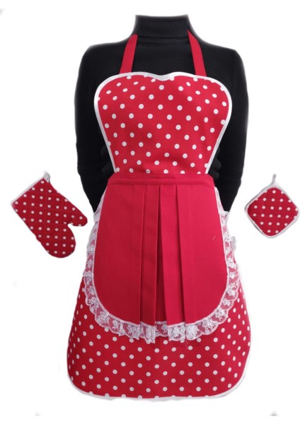 Kırmızı Puantiyeli Mutfak Önlüğü ve Eldiven Seti T5643