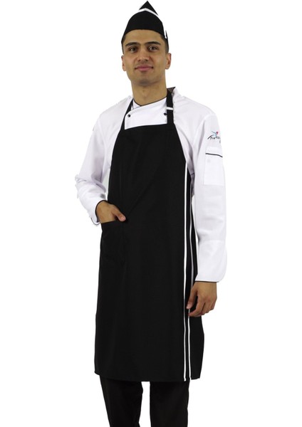 Siyah Biyeli Askılı Mutfak Önlüğü, Cepli, Alpaka Kumaş, Şef, Garson, Barista Için