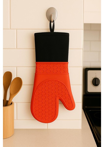 Kırmızı Silikon Pişirme Eldiveni, 38 Cm, Dayanıklı ve Güvenli Mutfak Kullanımı Için