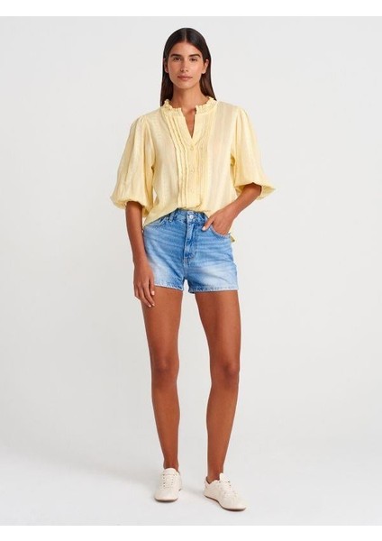 5807 Nervür Detaylı Balon Kol Gömlek Sarı