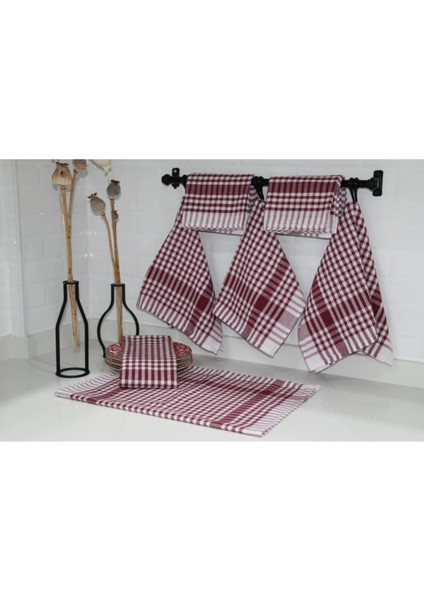 Kare Desenli, 10'lu Mutfak Kurulama Bezi ve Peçetesi, 50X70 Cm, Bordo Renk