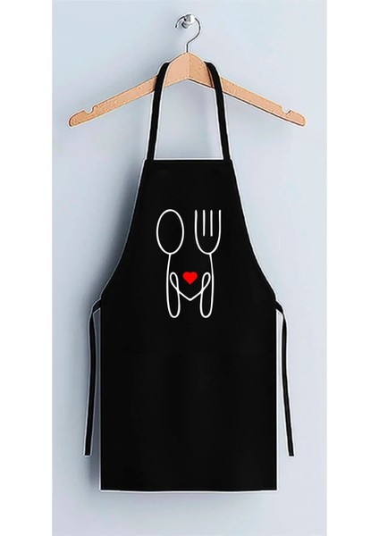 Kalın Siyah Mutfak Önlüğü, Kalp Desenli, Çatal Kaşık Detaylı, Rahat ve Şık Tasarım