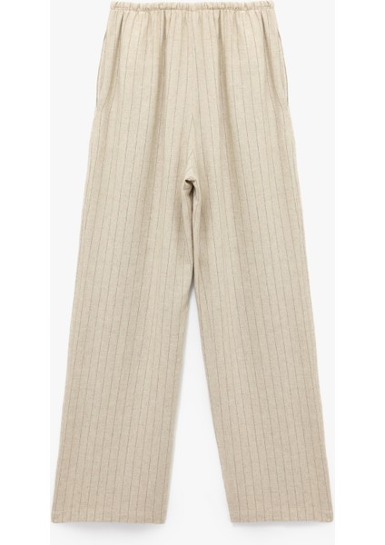 Yeni Sezon Beli Bağcıklı Keten Karışımlı Rahat Kalıp Çizgili Geniş Paça Pantolon fırsatları