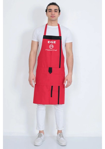 Şık ve Rahat Unisex Mutfak Önlüğü, Boydan Askılı, Düğmeli ve Cepli, Kırmızı Renk