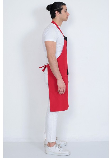 Şık ve Rahat Unisex Mutfak Önlüğü, Boydan Askılı, Düğmeli ve Cepli, Kırmızı Renk modelleri