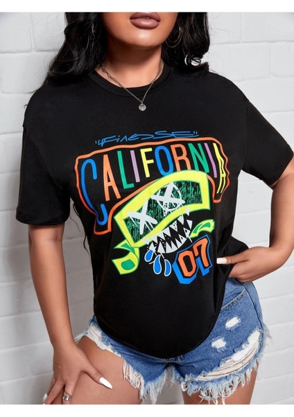 Renkli Neon Yazlılı California 07 Basklı Oversize Siyah T-Shirt