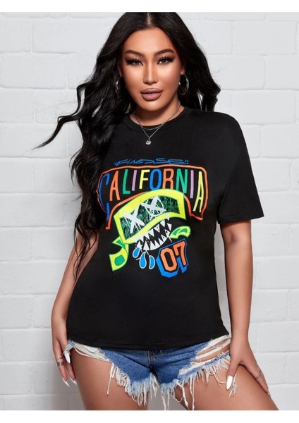 Renkli Neon Yazlılı California 07 Basklı Oversize Siyah T-Shirt modelleri