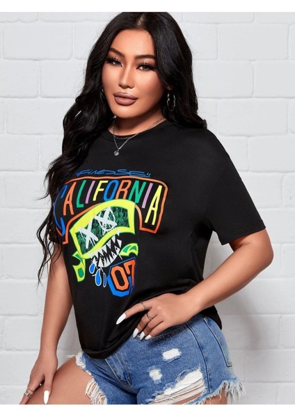Renkli Neon Yazlılı California 07 Basklı Oversize Siyah T-Shirt indirimleri