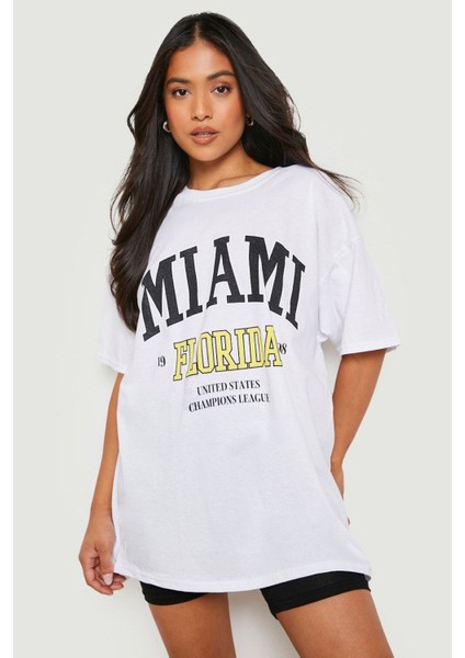 Beyaz Miami Florida United States Champions League Baskılı Oversize T-Shirt