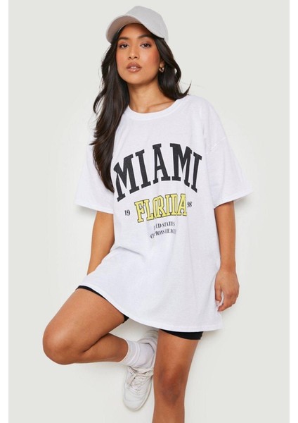 Beyaz Miami Florida United States Champions League Baskılı Oversize T-Shirt modelleri