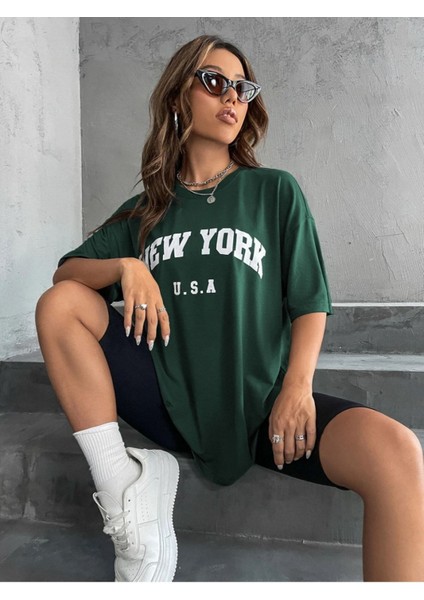 U.s.a Kadın New York Baskılı Oversize T-Shirt