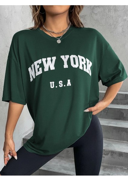 U.s.a Kadın New York Baskılı Oversize T-Shirt modelleri