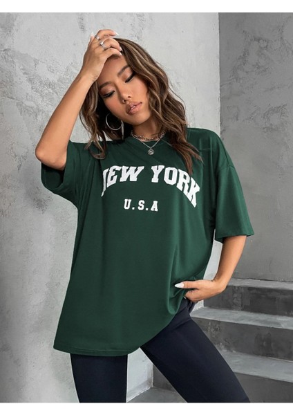 U.s.a Kadın New York Baskılı Oversize T-Shirt fırsatları