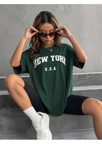 U.s.a Kadın New York Baskılı Oversize T-Shirt indirimleri