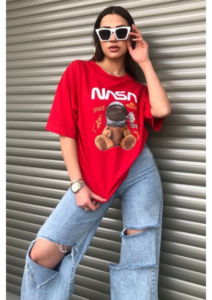 Oversize Nasa Ayıcık Baskılı Unisex Kırmızı T-Shirt fırsatları