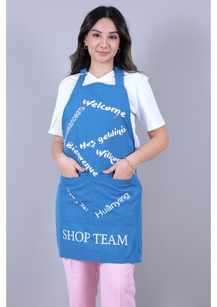 Mavi Yazılı Askılı Önlük, Şık ve Rahat Kullanım Sağlar.
