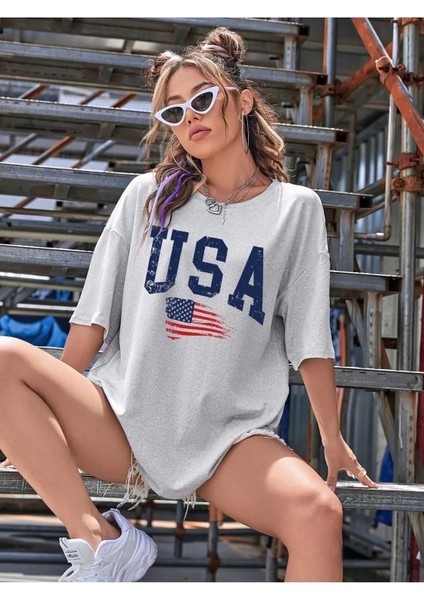 Usa Flag Baskılı Unisex Oversize Tişört fırsatları