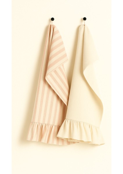 Fırfırlı 2’li Kurulama Bezi Seti Keten Çizgili Mutfak Havlusu, Pembe