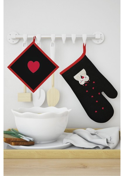 Siyah Eldiven ve Tutacak Seti, Şık ve Kullanışlı Mutfak Aksesuarı