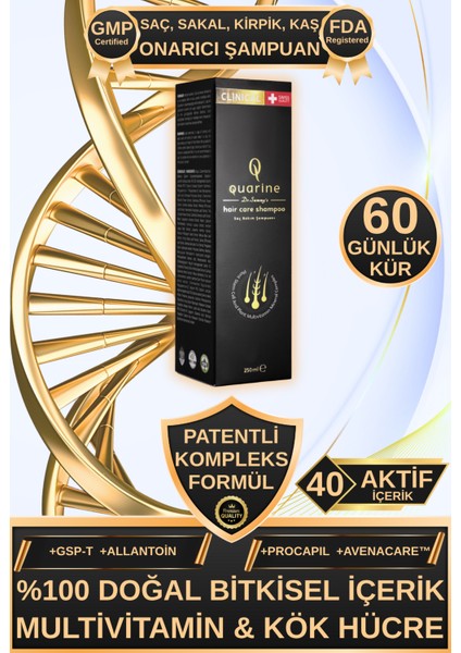 Quarine Premium Şampuan (2 Aylık) Dökülmelere Karşı %100 Saf ve Doğal Bitkisel Kök Hücre Ekstratları,Vitamin ve Mineral İçeren Onarıcı Saç Şampuanı 250ML