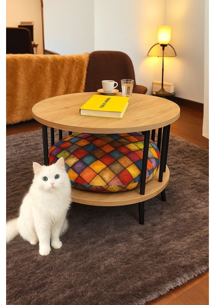 Çevir Kur Kedi Yuvalı Yuvarlak Orta Sehpa Ahşap Ayaklı Iki Raflı Dekoratif Sehpa