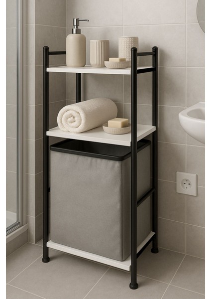 2 Raflı Çamaşır Sepeti Banyo Düzenleyici Raf Kirli Sepeti