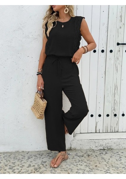 Kadın Kolsuz Bisiklet Yaka Aerobin Bluz ve Bağcıklı Pantolon