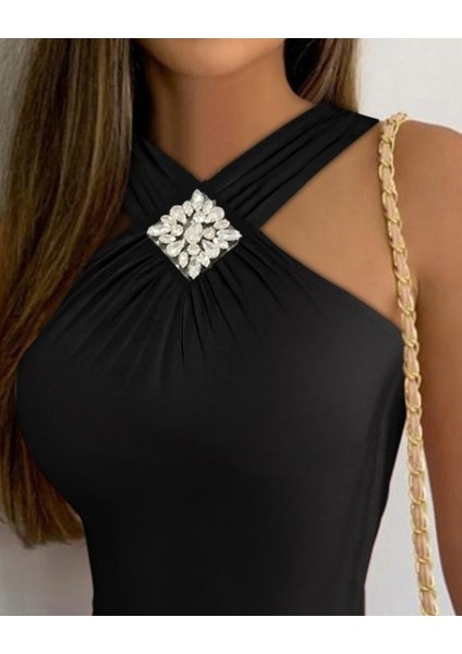 Kadın Yakası Önden Çaprazlı Taş Detaylı Viskon Bluz fiyatları