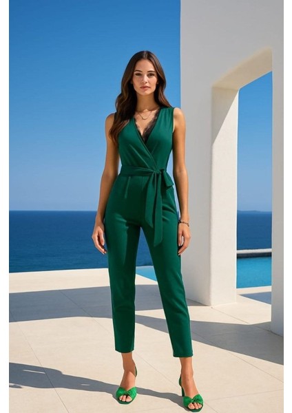 Kadın Kruvaze Yaka Dantel Güpür ve Kuşak Detay Tulum